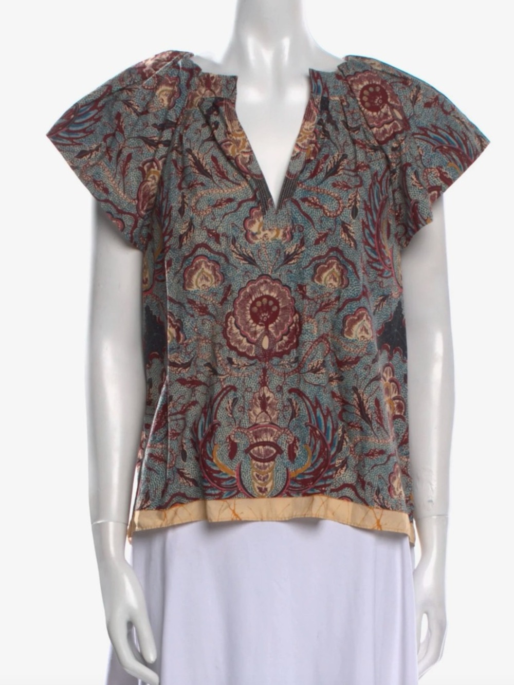 Ulla Johnson Floral Printed Short Sleeve Split-Neck Top in Teal and Burgundy